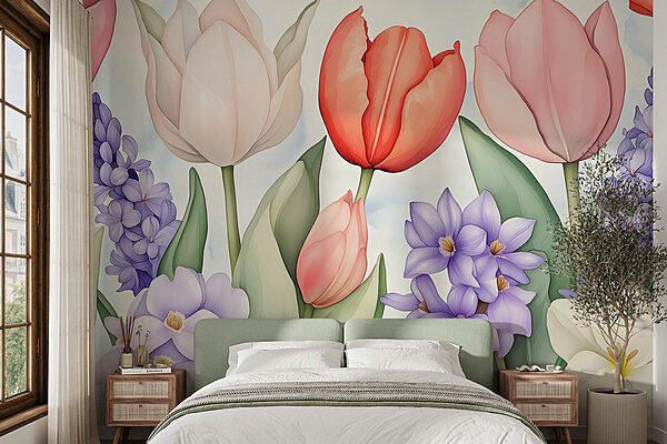 Groupe de fleurs avec feuilles Papier peint Groupe de fleurs avec feuilles