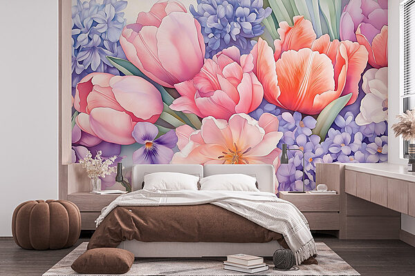 Groupe de fleurs sur fond blanc Papier peint Groupe de fleurs sur fond blanc