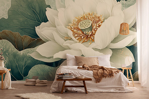 Fleur blanche avec des feuilles vertes Papier peint Fleur blanche avec des feuilles vertes