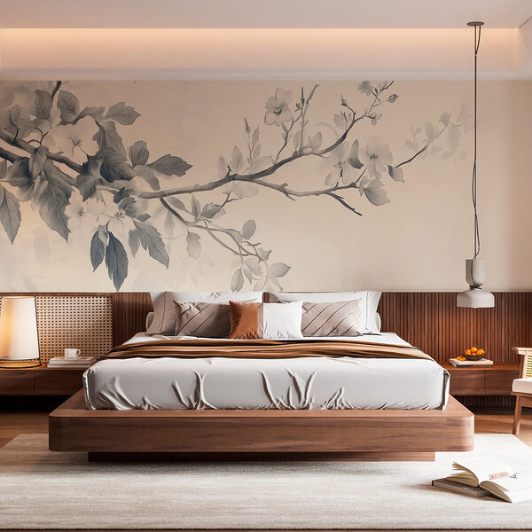 Branche avec fleurs et feuilles Papier peint Branche avec fleurs et feuilles