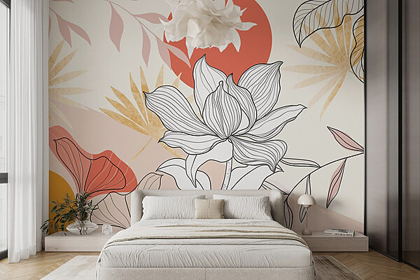 Fleur et feuilles avec soleil rouge Papier peint Fleur et feuilles avec soleil rouge