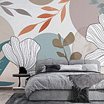 Papier peint Fleurs blanches avec feuilles brunes et cercles bleus