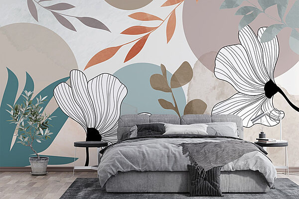 Fleurs blanches avec feuilles brunes et cercles bleus Papier peint Fleurs blanches avec feuilles brunes et cercles bleus