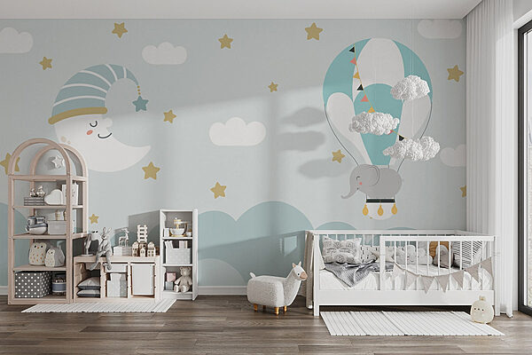 Éléphant de dessin animé et lune dans le ciel Papier peint Éléphant de dessin animé et lune dans le ciel