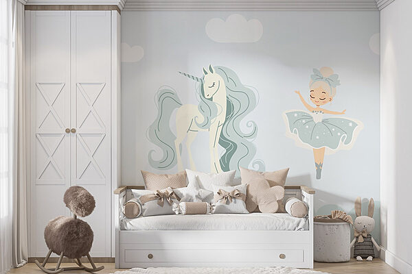 Dessin humoristique d'une fille et d'une licorne Papier peint Dessin humoristique d'une fille et d'une licorne