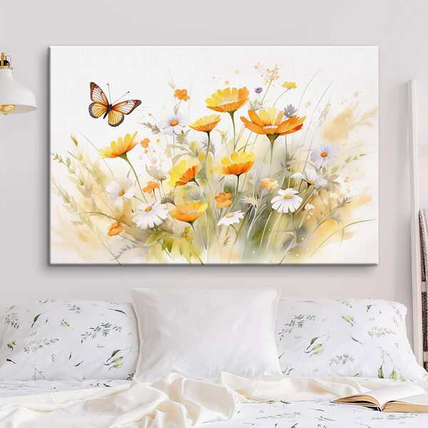 Papillon volant au-dessus d'une fleur jaune et blanche Tableaux Papillon volant au-dessus d'une fleur jaune et blanche
