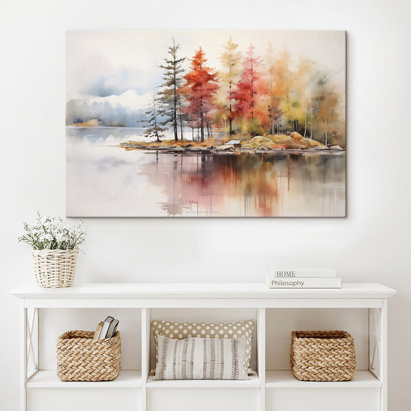 Aquarelle d'arbres et de rochers sur un lac Tableaux Aquarelle d'arbres et de rochers sur un lac