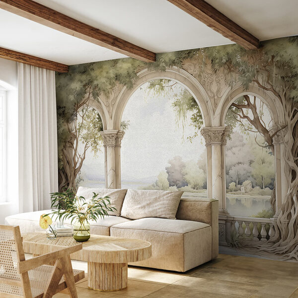 Aquarelle d'une arche en pierre avec des arbres et un lac Papier peint Aquarelle d'une arche en pierre avec des arbres et un lac