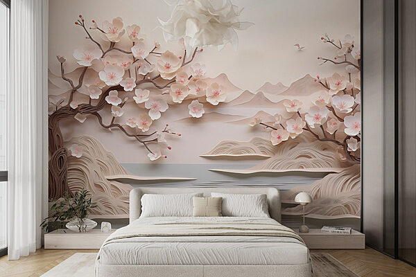 Papier découpé d'un arbre avec des fleurs et de l'eau Papier peint Papier découpé d'un arbre avec des fleurs et de l'eau