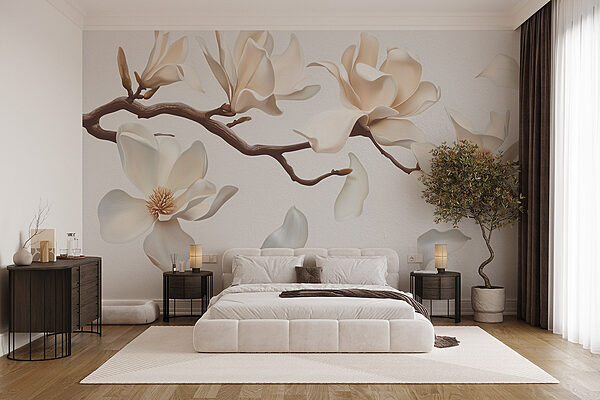 Branche avec fleurs et pétales blancs Papier peint Branche avec fleurs et pétales blancs
