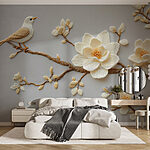 Papier peint Oiseau sur une branche avec des fleurs
