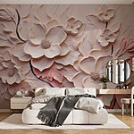Papier peint Fleurs blanches et roses sur un mur