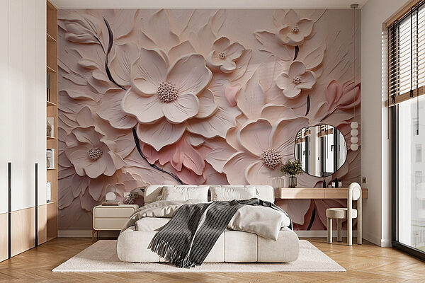 Fleurs blanches et roses sur un mur Papier peint Fleurs blanches et roses sur un mur