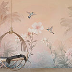 Papier peint Groupe d'oiseaux survolant des fleurs