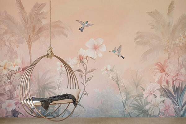 Groupe d'oiseaux survolant des fleurs Papier peint Groupe d'oiseaux survolant des fleurs