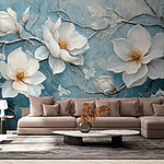 Papier peint Peinture de fleurs blanches sur fond bleu