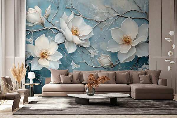 Peinture de fleurs blanches sur fond bleu Papier peint Peinture de fleurs blanches sur fond bleu