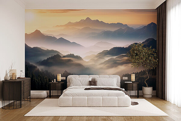 Paysage de montagnes avec brouillard et arbres Papier peint Paysage de montagnes avec brouillard et arbres