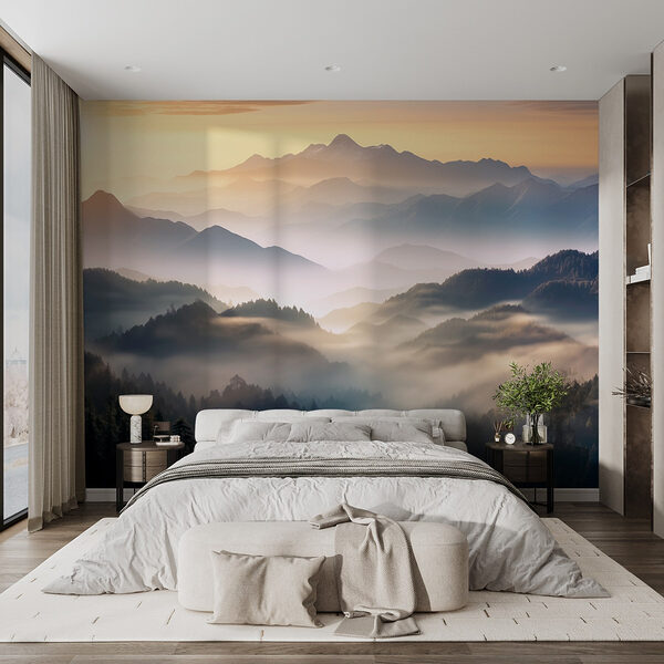 Papier peint Paysage de montagnes avec brouillard et arbres (UGS : w08748) Papier peint Papier peint Paysage de montagnes avec brouillard et arbres (UGS : w08748)