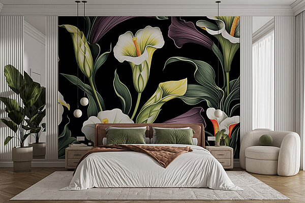 Motifs floraux vibrants sur fond sombre Papier peint Motifs floraux vibrants sur fond sombre
