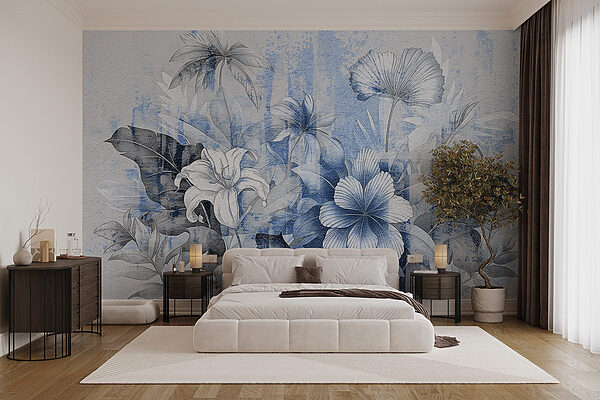 Composition florale sereine dans les tons bleus Papier peint Composition florale sereine dans les tons bleus