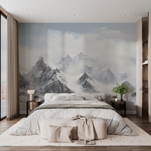 Chaîne de montagnes enneigées avec nuages Papier peint Chaîne de montagnes enneigées avec nuages
