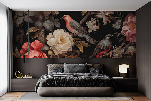 Peinture d'oiseaux sur des fleurs Papier peint Peinture d'oiseaux sur des fleurs