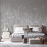 Papier peint Fond gris avec herbe et fleurs
