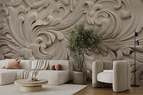 Mur blanc avec des tourbillons et des spirales Papier peint Mur blanc avec des tourbillons et des spirales