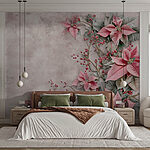 Papier peint Fleurs et baies roses sur une surface blanche