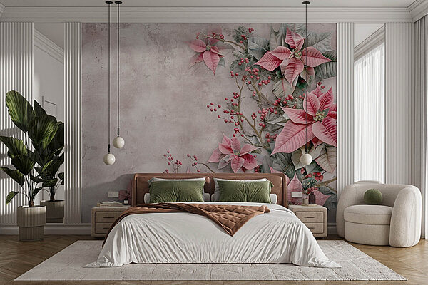 Fleurs et baies roses sur une surface blanche Papier peint Fleurs et baies roses sur une surface blanche