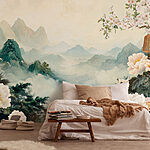 Papier peint Peinture de fleurs et de montagnes