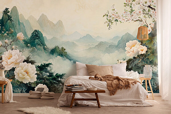 Papier peint Papier peint Peinture de fleurs et de montagnes (UGS : w03111)