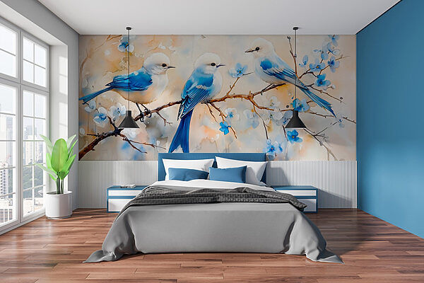 Groupe d'oiseaux bleus sur une branche Papier peint Groupe d'oiseaux bleus sur une branche