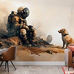 Papier peint Un astronaute assis sur un rocher regardant un chien