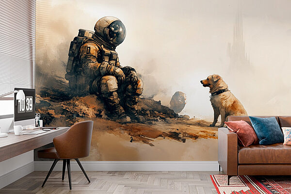 Un astronaute assis sur un rocher regardant un chien Papier peint Un astronaute assis sur un rocher regardant un chien
