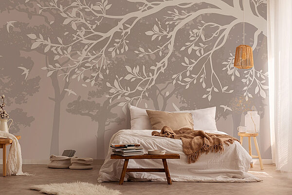 Papier peint Groupe d'arbres avec oiseaux en vol