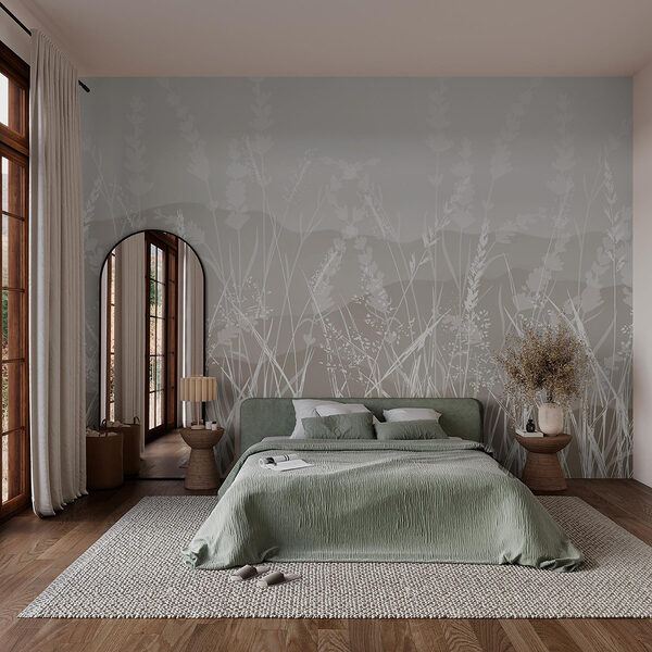 Papier peint Champ d'herbe avec des montagnes en arrière-plan