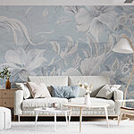 Papier peint Motif floral blanc et gris