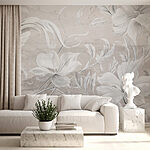 Papier peint Motif floral blanc et gris