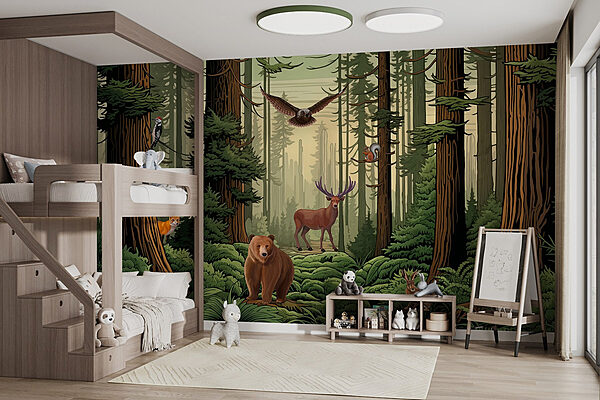 Forêt avec animaux et oiseaux Papier peint Forêt avec animaux et oiseaux