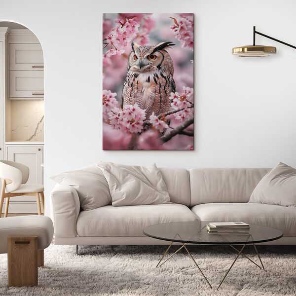Un hibou dans un arbre aux fleurs roses Tableaux Un hibou dans un arbre aux fleurs roses