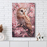 Tableaux Hibou assis sur une branche avec des fleurs roses