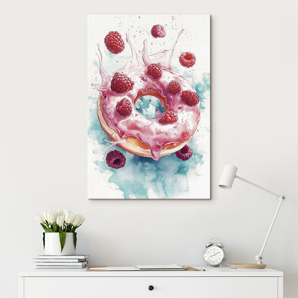Peinture d'un beignet avec des framboises et des éclaboussures de lait Tableaux Peinture d'un beignet avec des framboises et des éclaboussures de lait