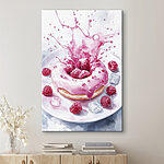 Tableaux Donut avec glaçage rose et framboises éclaboussant une assiette blanche