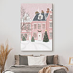 Tableaux Maison rose avec arbres et neige