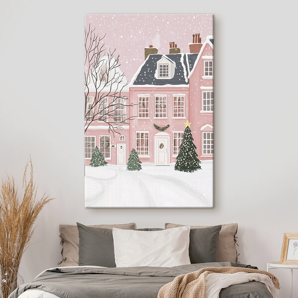 Maison rose avec arbres et neige Tableaux Maison rose avec arbres et neige