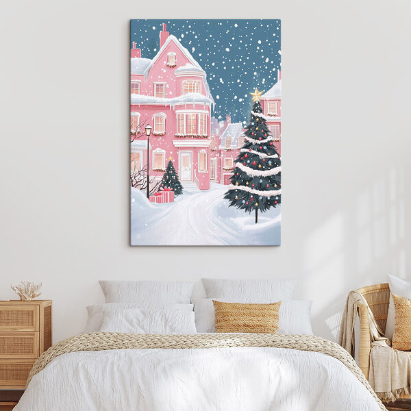 Arbre de Noël devant une maison rose Tableaux Arbre de Noël devant une maison rose