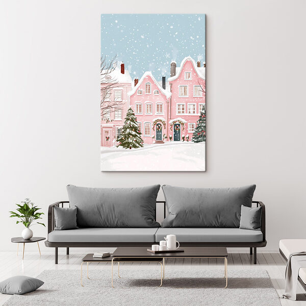 Maison rose avec de la neige Tableaux Maison rose avec de la neige