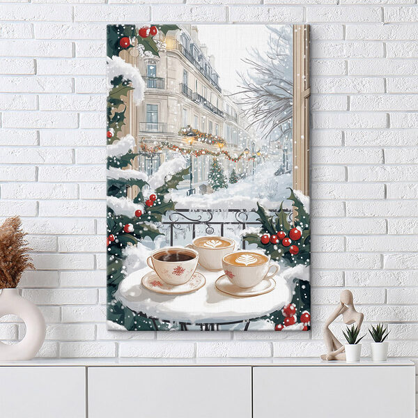 Deux tasses de café sur un balcon avec de la neige et des bâtiments Tableaux Deux tasses de café sur un balcon avec de la neige et des bâtiments